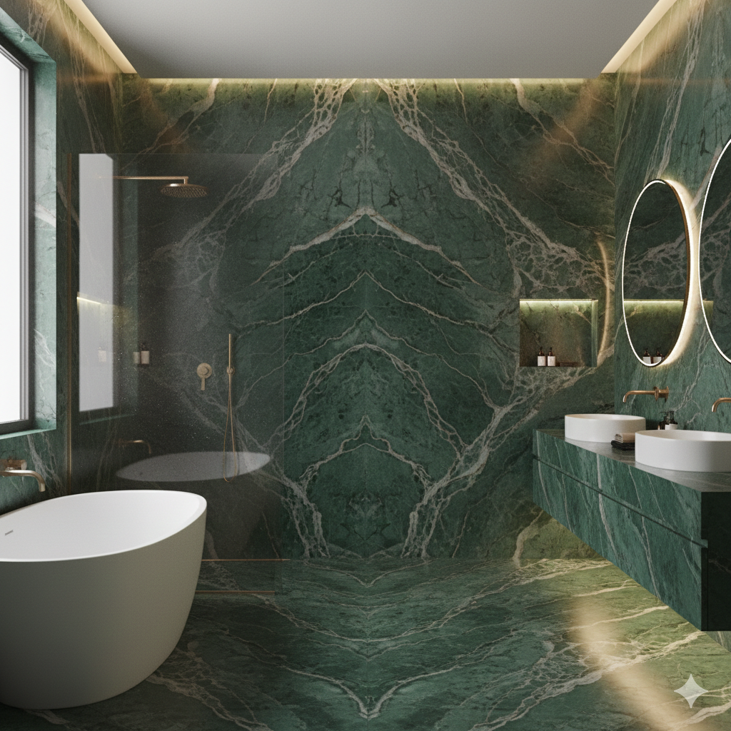 Premium Green Marble in Kishangarh showcasing a rich dark green base, ideal for flooring, wall cladding, and luxury interiors.