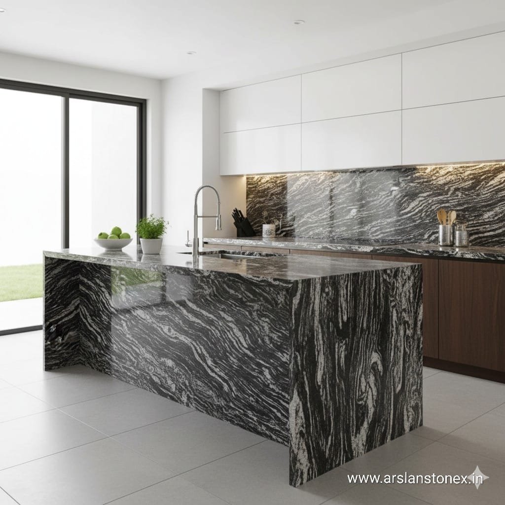 Forest Black granite kitchen countertop with dark natural patterns