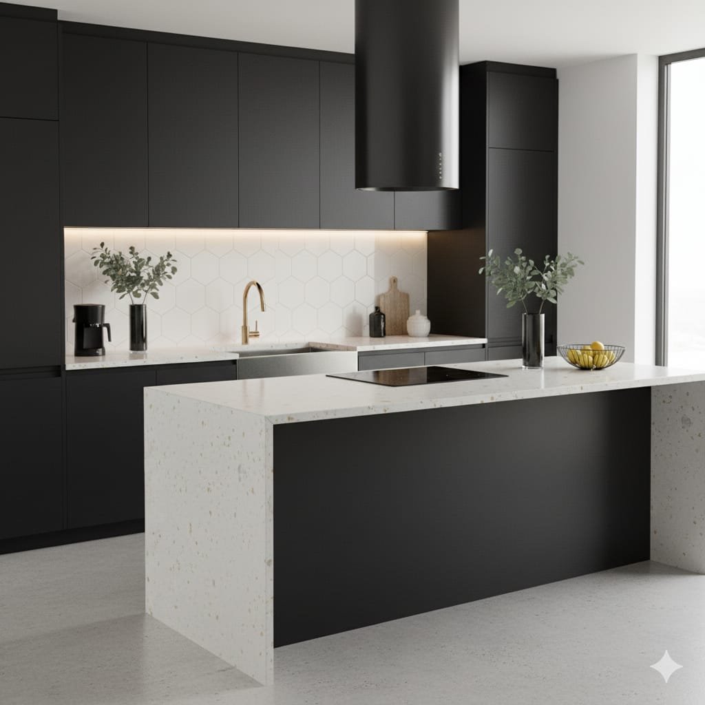 Quartz kitchen countertop with smooth finish for modern kitchens