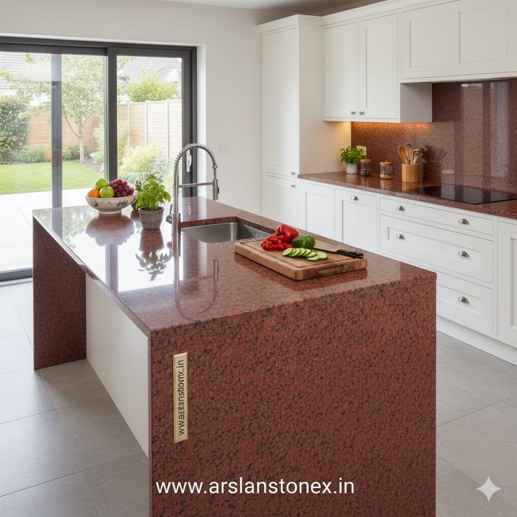 Lakha Red Granite kitchen countertop with rich red base and natural black grey mineral patterns
