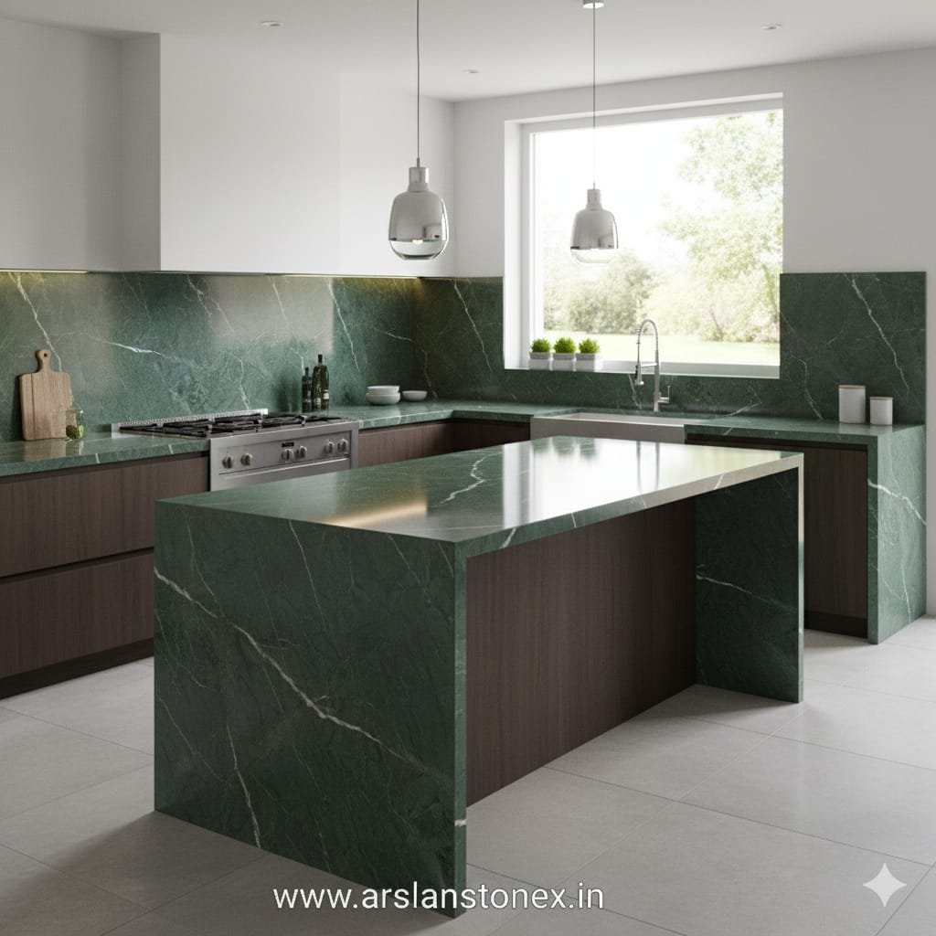 Green marble kitchen countertop with rich green base and natural white veining