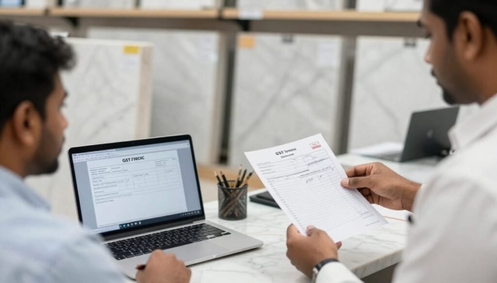 Infographic showing the 144 vs 114 divisor scam in Kishangarh Marble Market and how it inflates the final bill.