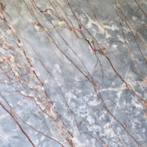 Azure Blue Marble book matched slab with blue grey background and copper gold veins in quartzite stone