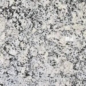 Alaska White Granite slab with white base and grey black mineral patterns for flooring and kitchen countertops in India