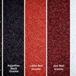 A collection of premium black, red, and white granite and marble slabs for kitchen countertop stone.