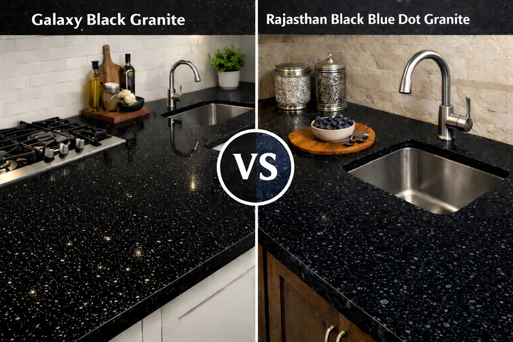 Comparison of Galaxy Black granite with gold flecks and Rajasthan Black blue dot granite slabs.
