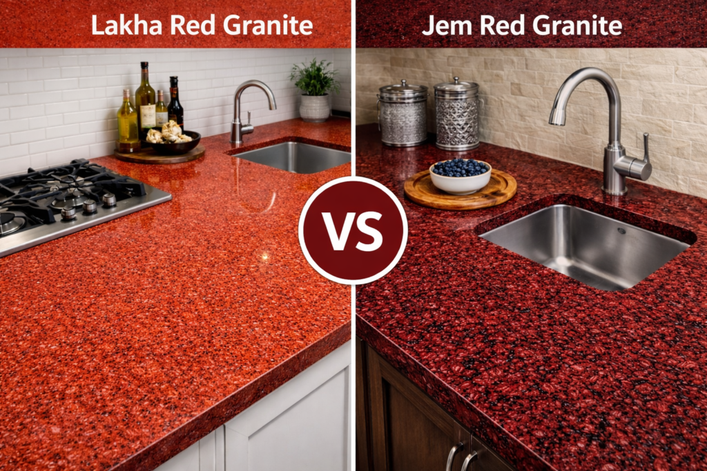 Royal Lakha Red granite and durable Jam Red granite samples for kitchen flooring.