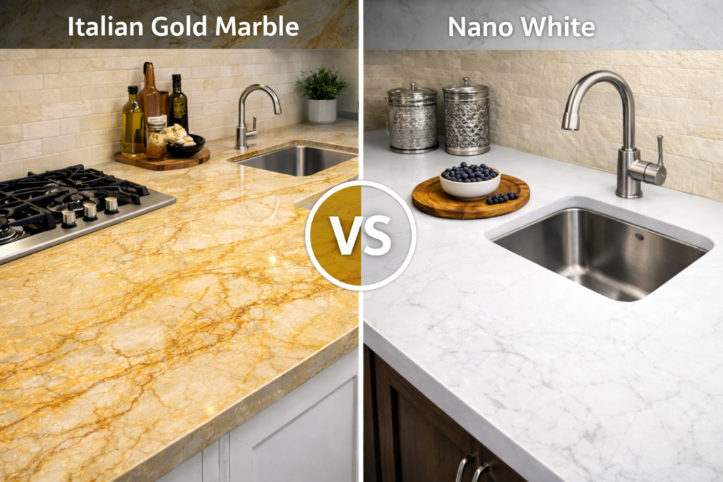 Premium Italian white marble texture vs stain-resistant Nano White G5 kitchen surface.