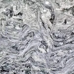 Viscon White Granite with clean white base and soft black wavy pattern for flooring and countertops