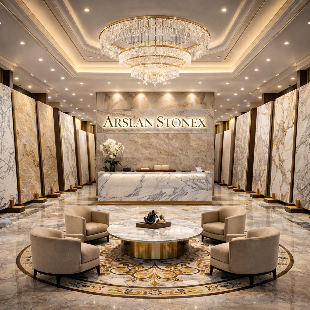 Polished natural stone slabs at Arslan Stonex, marble and granite supplier.