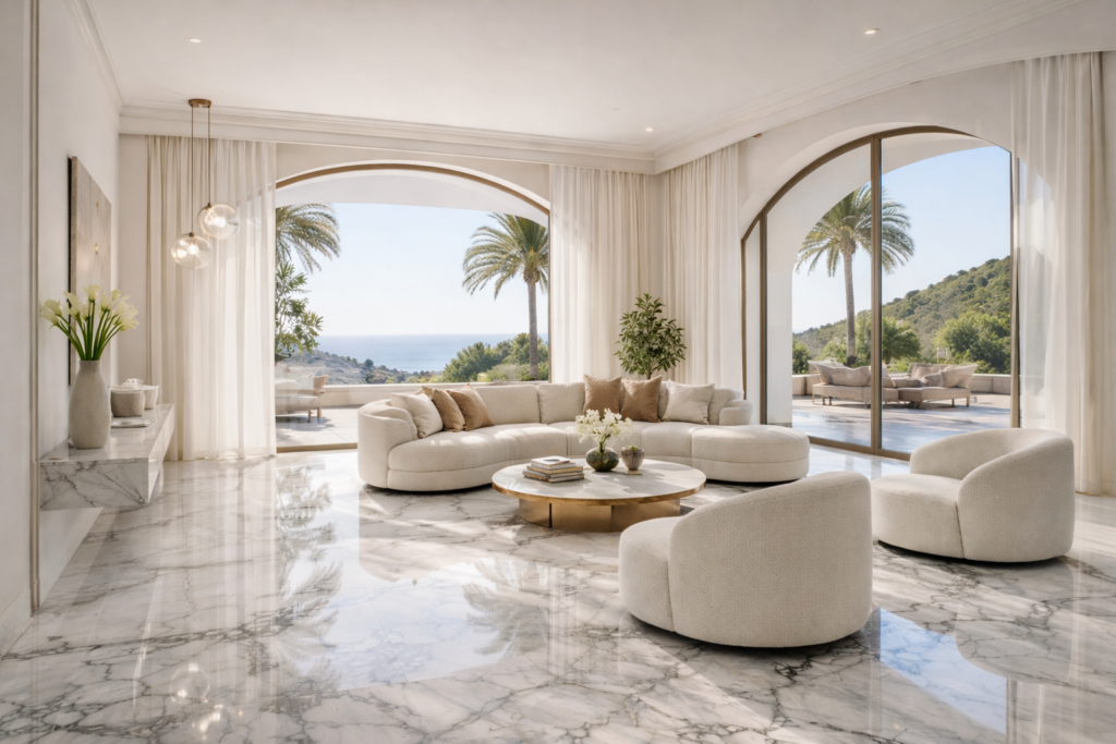 High-end Italian marble flooring featuring Statuario vs Calacatta vs Carrara marble patterns. Premium floor installation by Arslan StoneX, the leading natural stone supplier in India.