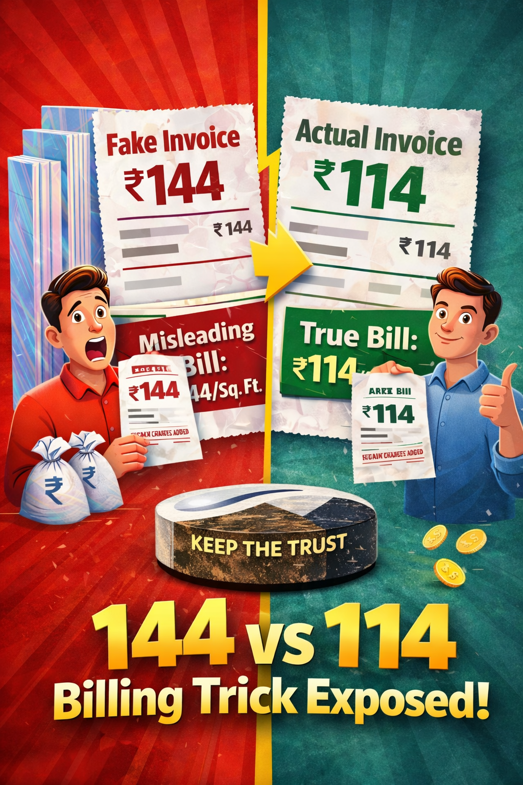 Kishangarh marble market scam showing 144 vs 114 billing trick where fake marble invoices mislead buyers with higher prices