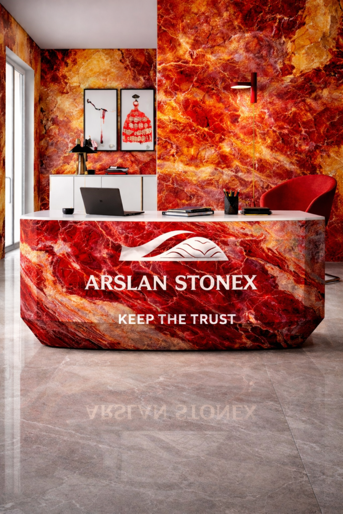 Arslan Stonex high-gloss white marble flooring for luxury Indian living room.