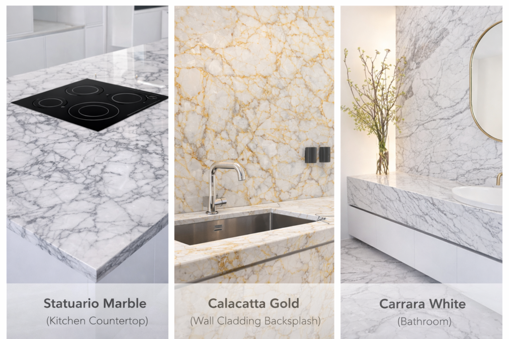A professional comparison of Statuario vs Calacatta vs Carrara marble slabs by Arslan StoneX, India’s leading natural stone supplier specializing in premium Italian marble for luxury interiors.