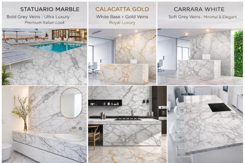 Comprehensive Statuario vs Calacatta vs Carrara Marble guide for Indian luxury homes, showcasing premium Italian stone textures by Arslan StoneX.