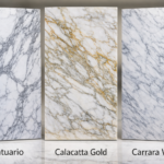 A comparison of Statuario vs Calacatta vs Carrara marble slabs by Arslan StoneX, a leading natural stone supplier, showing differences in whiteness and vein patterns.