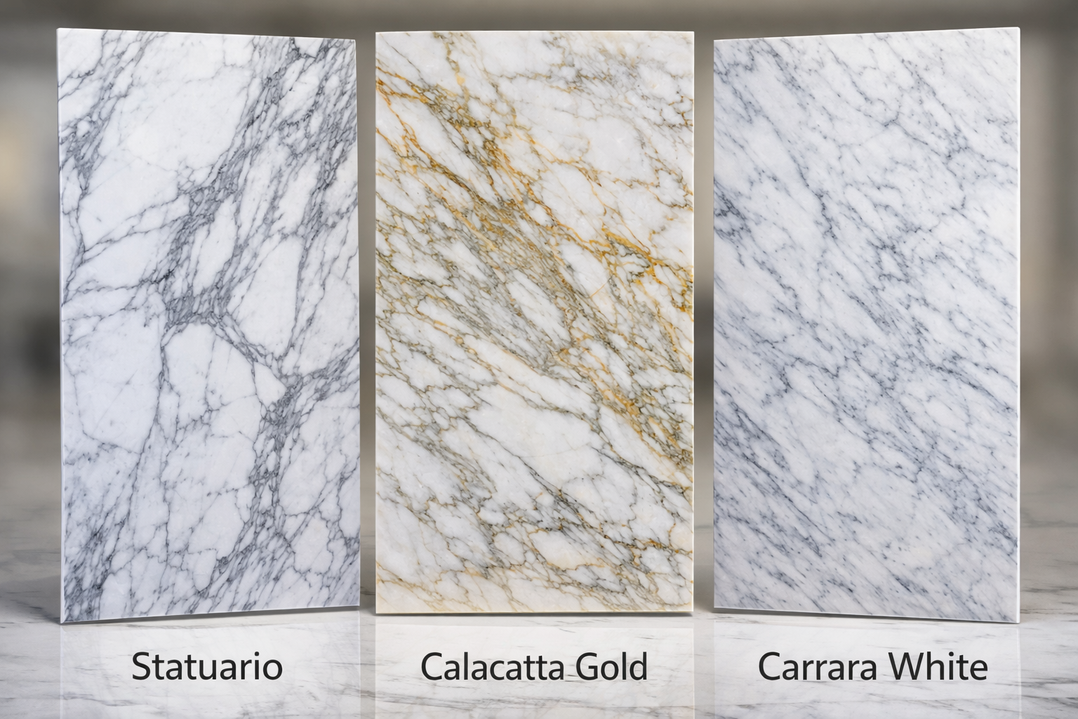 A comparison of Statuario vs Calacatta vs Carrara marble slabs by Arslan StoneX, a leading natural stone supplier, showing differences in whiteness and vein patterns.