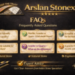 Arslan Stonex FAQs banner showing marble granite and quartz guide by marble and granite supplier India and natural stone supplier India