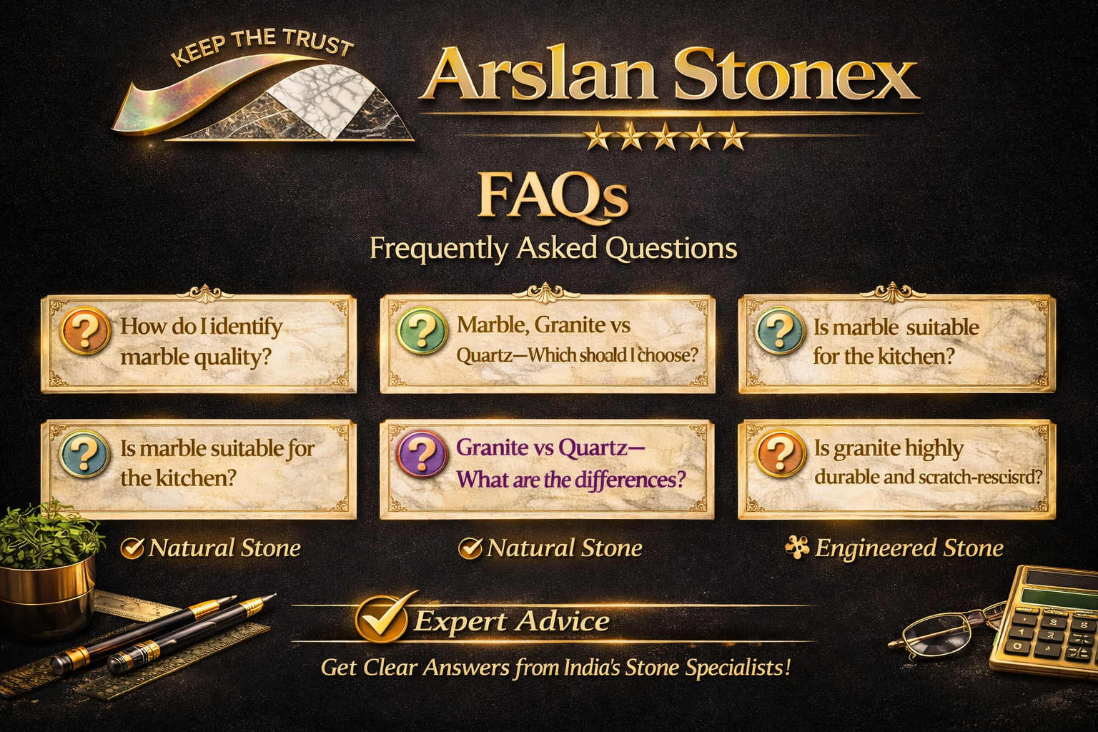 Arslan Stonex FAQs banner showing marble granite and quartz guide by marble and granite supplier India and natural stone supplier India