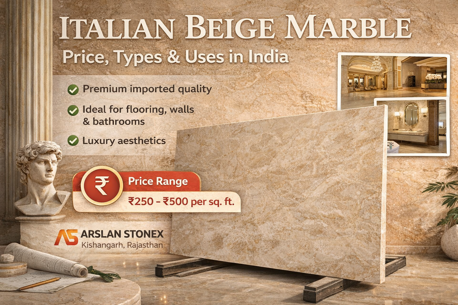 Italian Beige Marble slab with natural beige texture used for luxury flooring and interiors in India