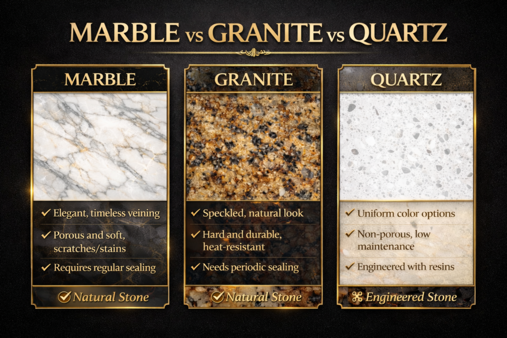 Natural stone supplier India FAQ banner explaining marble granite vs quartz stone comparison