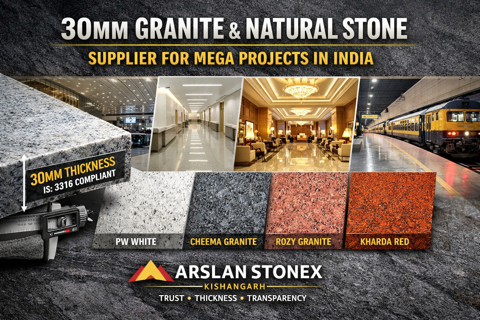 30mm granite slabs for railway stations hospitals malls airports India IS 3316 compliant natural stone supplier Arslan Stonex Kishangarh